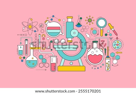 Medical laboratory icons with microscope, flasks and chemical research equipment. Outline banner of scientific lab with microscope, glass tube, beaker, molekule and cell, vector illustration