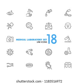 Medical laboratory icons. Set of line icons. Urgent help, test, pill. Medical research concept. Vector illustration can be used for topics like healthcare, medicine, microbiology.