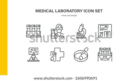 Medical Laboratory Icons Set. Linear Vector Illustrations of Microscope, Test Tubes, Lab Technician, Analyzer Screen, Petri Dish, Research Display, Cross Sign and Sample Rack
