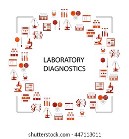 Medical laboratory illustration on the theme of diagnostic studies.Design element in the form of a circle with images of laboratory objects created in a linear style. Stock vector