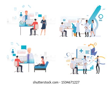 Medical laboratory illustration set. Doctors doing research in lab, presenting charts. Medicine concept. Vector illustration for landing pages, presentation slide templates