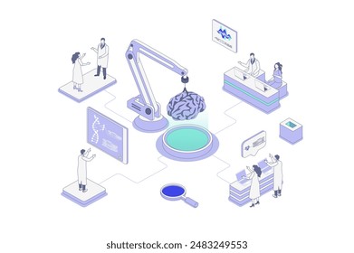 Medical laboratory isometric concept in outline isometry design for web. People scientists doing scientific research on human brain, studying dna molecule, making genetic tests. Vector illustration.