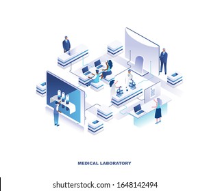 Medical laboratory isometric landing page. Concept of scientific research in medicine or pharmaceutics with medics, researches or scientists working in lab. Vector illustration for advertisement.