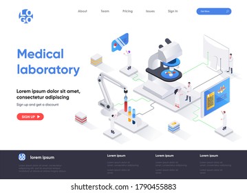 Isometrische Landungsseite des medizinischen Labors. Internetseite zur Pharmacy-Entwicklung, Biotechnologie-Industrie, Patientenprüfung und Diagnostik. Website flache Vektorgrafik mit Menschen Zeichen.