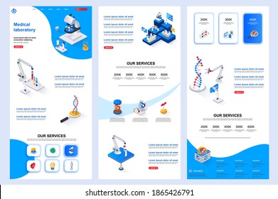 Medical laboratory isometric landing page. Clinical research lab, analysis corporate website design template. Web banner template with header, middle content, footer. Isometry vector illustration.
