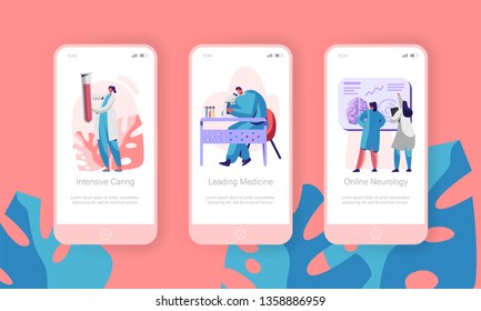 Medical Laboratory Mobile App Page Onboard Screen Set. Intensive Caring, Leading Medicine, Online Neurology. Clinical Pathology Test Website or Web Page. Flat Cartoon Vector Illustration