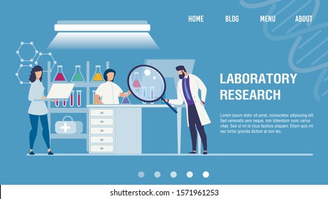 Medical Laboratory Research Center. Chemical Researchers In White Coat And Lab Equipment At Work. Drug Development, Sample Analysis For Disease Diagnosis. Flat Landing Page. Vector Illustration