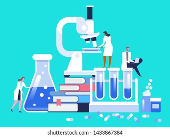 Medical laboratory research with microscope, science glass test tube, books and pills. Vector illustration concept can use for, landing page, template, ui, web, mobile app, poster, banner, flyer