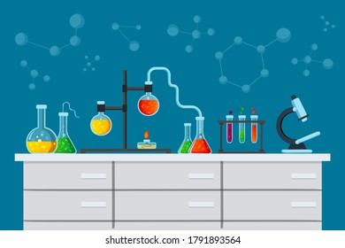 Medical Laboratory. Research, testing, studies chemistry, physics, biology. lab scientific equipment, microscope, flasks toxic liquid. Cartoon chemistry classroom. Pharmaceutical experiments. Vector.