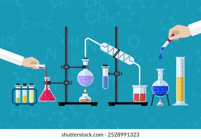 Laboratório Médico. Pesquisa, testes, estudos em química, física, biologia, equipamentos de laboratório. Mãos do médico com pipeta e tubo de ensaio. Pesquisa no desktop. Design plano de ilustração vetorial.