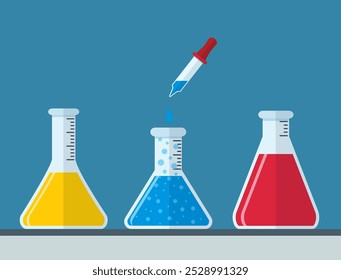 Laboratorio Médico. Investigación, pruebas, estudios en química, física y biología. equipos de laboratorio. pipeta y tubo de ensayo. Investigación de escritorio. Diseño plano de Ilustración vectorial.