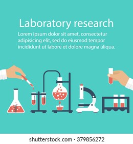 Medical Laboratory. Research, testing, studies in chemistry, physics, biology. laboratory equipment. Hands of doctor with pipette and test tube. Desktop research. Vector illustration, flat design.