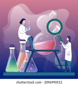 Medical Laboratory. Research, testing, study. Cartoon Flat Vector Illustration. Concept of laboratory exploring new methods of medicament, vaccine. Vials, glass flask, test-tubes with reagents.