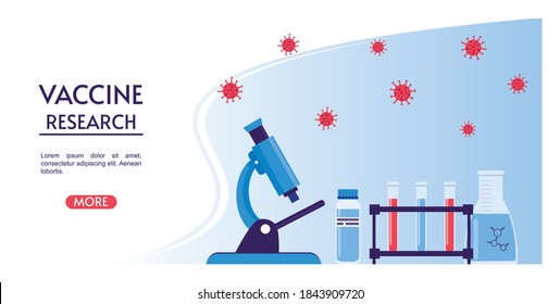 Medical or laboratory research. Testing of vaccine of coronavirus . Vaccine research, landing page with microscope, test tubes, flask. 
Vector illustration in flat style. 