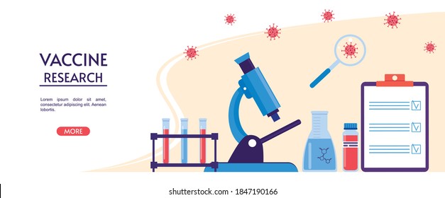 Medical or laboratory research. Testing of vaccine of coronavirus.  Laboratory tools vaccine research.  Landing page with microscope, test tubes, flask and magnifying glass. Flat vector illustration.