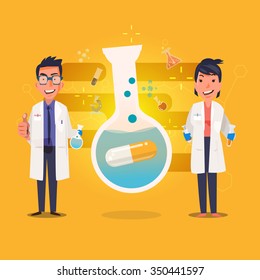 Medical Laboratory Scientist. Character Design With Medicine Capsule In Chemical Test Tubes - Vector Illustration