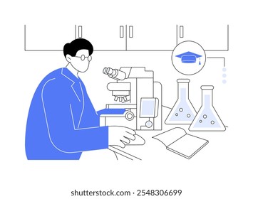 Técnico de laboratório médico isolado desenhos animados vetor ilustrações. Jovem estudante observando ao microscópio no laboratório, fazer pesquisa médica, desenho animado vetorial do ensino superior.