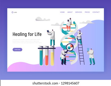 Medical Laboratory Test Dna Data Landing Page. Medical Pharmaceutical Service Equipment for Genome Research. Man Explore Radiograph for Website or Web Page Flat Vector Cartoon Illustration