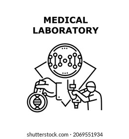 Medical Laboratory Vector Icon Concept. Medical Laboratory For Researching And Development Pharmacy Pills And Analysis. Lab Worker Research Chemical Liquid With Microscope Black Illustration