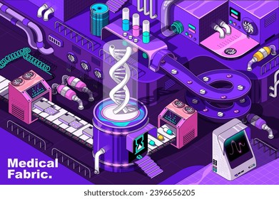 Concepto web de laboratorio médico en diseño isométrico 3d. Sistema médico, investigación genética, farmacia. Línea de producción de tela abstracta en isometría gráfica para afiches corporativos. Ilustración vectorial.