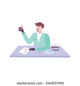 Medical laboratory worker in gloves holding tube with liquid flat vector illustration