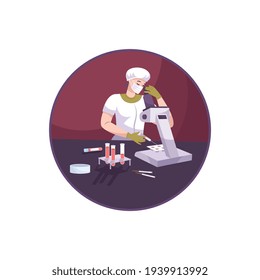 Medical laboratory worker with microscope looking at blood samples flat vector illustration