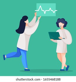 Medical laboratory workers, woman working at computer and pointing on diagram by hands isolated vector illustration in flat cartoon style. Lab assistant investigative analysis of patients, diagram