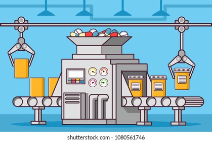 Medical laboratory.Medical industrial factory producing pills. Conveyor belt packing drugs.Medication concept pills and bottles.Flat line art vector.