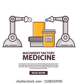 Medical laboratory.Robot arm pack medicine.Factory line.Automatic industrial plant.Medication concept pills and bottles.Flat line art vector.