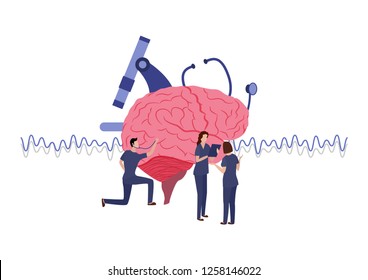 Medical Landing Page Concept. Small Doctors Examining a Humans Brain. Medical Help, First Aid or Health Care Illustration. Male and Female Physicians Thinking about Diagnosis. Neorological Treatment.