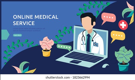 Medical landing page. Online clinical consult with diverse doctors. Healthcare vector concept. Medical doctor, clinic consultation web page, medicine hospital illustration.Landing page.