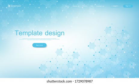 Medical landing page template design. Abstract health care banner template. Asbtract scientific background with hexagons. Innovation pattern. Vector illustration