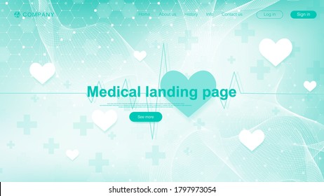 Medical landing page template design. Abstract health care banner template. Asbtract scientific background with hexagons. Vector illustration