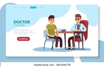 Medical landing page. Young cartoon characters doctor and patient web template. Diagnosis, consultation and examination in clinic, checkup and treatment in hospital, vector modern flat style concept