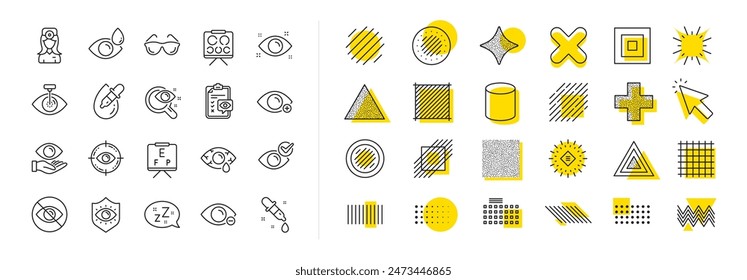 Medical laser surgery, glasses and eyedropper. Design shape elements. Optometry, Eye doctor line icons. Pink eye, Cataract surgery and allergy icons. Vector