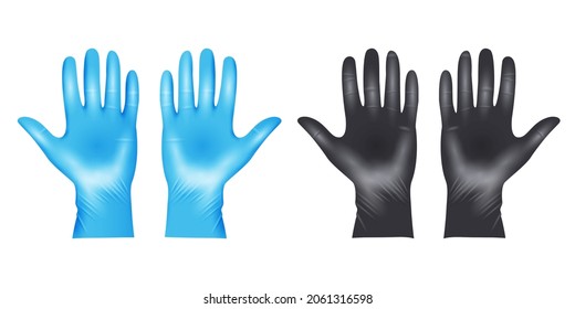 Medical latex protective gloves, realistic black and blue gloves. Details 3d style medical gloves. Vector illustration