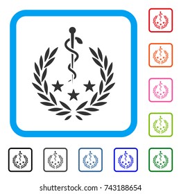 Medical Laurel Wreath icon. Flat grey pictogram symbol in a light blue rounded squared frame. Black, gray, green, blue, red, orange color additional versions of Medical Laurel Wreath vector.