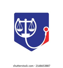 Plantilla de diseño del logotipo del vector de la ley médica. Estetioscopio con diseño vectorial de icono de escala de ley.