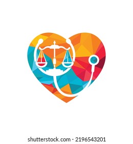 Plantilla de diseño del logotipo del vector de la ley médica. Estetioscopio con diseño vectorial de icono de escala de ley.