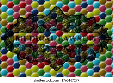 Medical Lawsuit text inside Currency Colorful candy multicolored badge. Hexagon classic background. Illustration. 