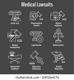 Medical Lawsuits With Pharmaceutical, Negligence, And Medical Malpractice Icon Set