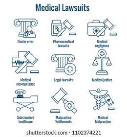 Medical Lawsuits With Pharmaceutical, Negligence, And Medical Malpractice Icon Set