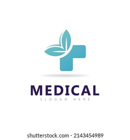 Plantilla de vectores con logotipo médico y hoja, diseño vectorial con logotipo de farmacia creativa
