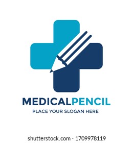Medical learning vector logo template. This design use cross symbol and pencil. Suitable for health education.
