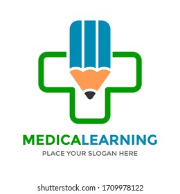 Medical learning vector logo template. This design use cross symbol and pencil. Suitable for health education.