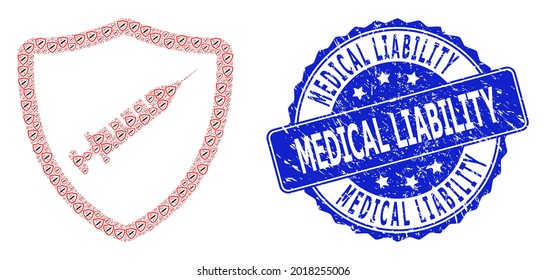 Medical Liability grunge round seal print and vector recursive mosaic vaccine shield. Blue seal contains Medical Liability tag inside round shape.
