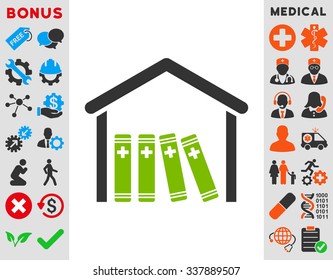 Medical Library vector icon with bonus. Style is bicolor flat symbol, eco green and gray colors, rounded angles, white background.