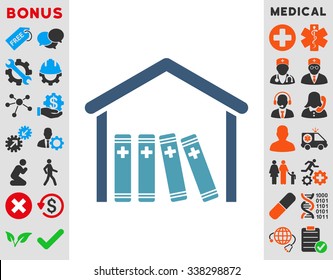 Medical Library vector icon with bonus. Style is bicolor flat symbol, cyan and blue colors, rounded angles, white background.