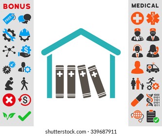 Medical Library vector icon with bonus. Style is bicolor flat symbol, grey and cyan colors, rounded angles, white background.