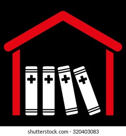 Medical Library vector icon. Style is bicolor flat symbol, red and white colors, rounded angles, black background.